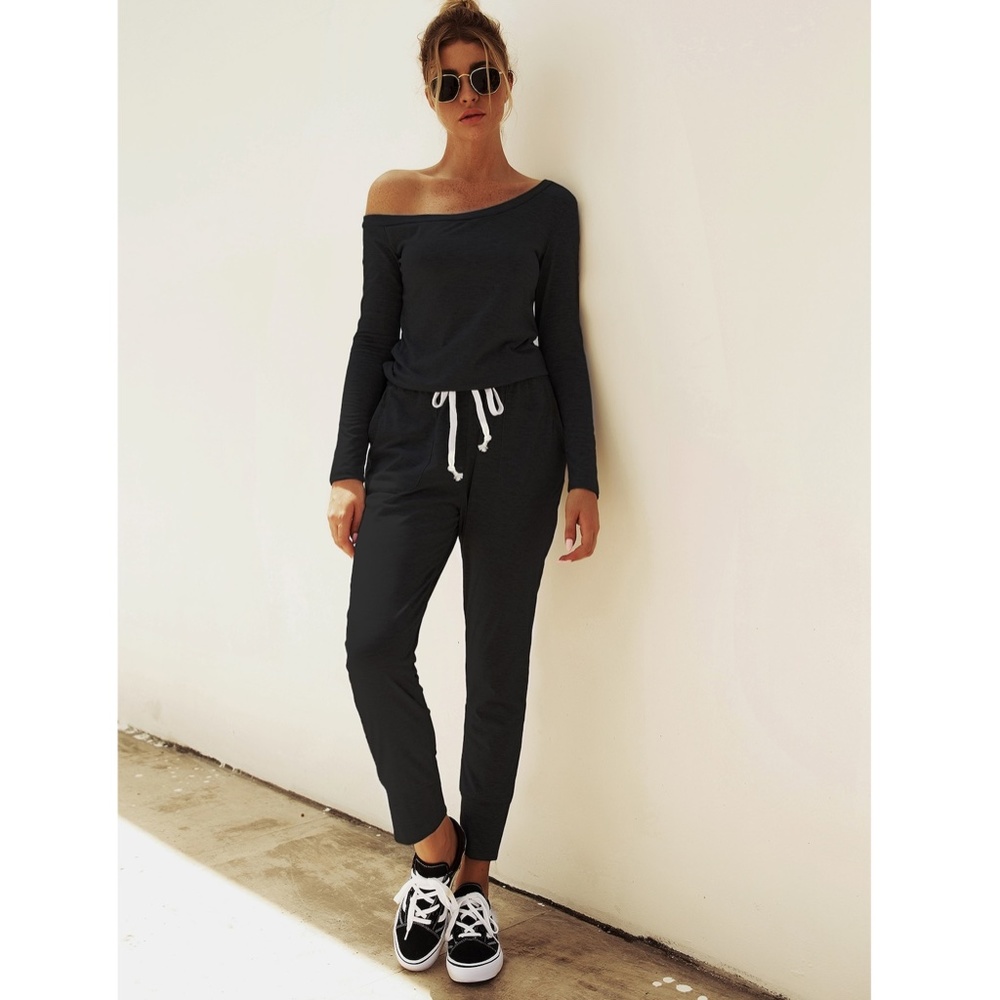Off Shoulder Contrast Drawstring Black Jumpsuit - Picture 7 of 16